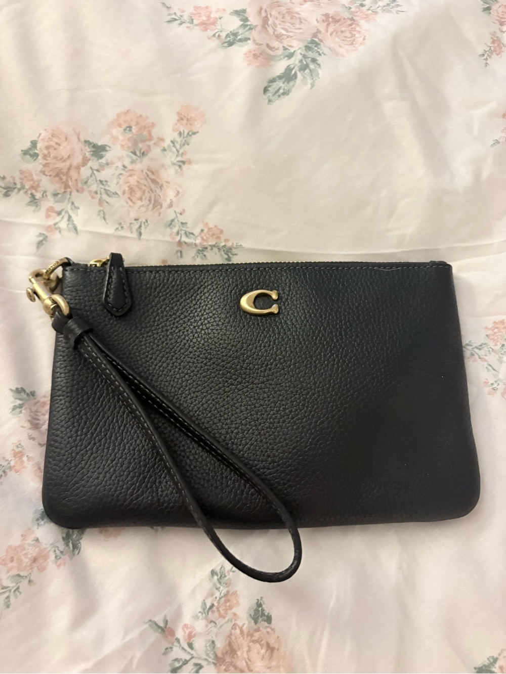 Coach Black Pebble Leather Wristlet with Gold 'C' Accent